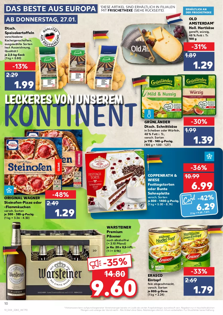 Aktueller Prospekt Kaufland - von 27.01 bis 02.02.2022 - strona 10 - produkty: alkohol, angebot, coppenrath, eintopf, eis, erasco, flammkuchen, gin, grünländer, hartkäse, kartoffel, kartoffeln, Käse, kuchen, lamm, latte, Ofen, Old Amsterdam, original wagner, pils, pilsener, pizza, premium pils, sac, sahne, schnittkäse, speisekartoffeln, steiner, steinofen, Ti, topf, torte, wagner, warsteiner, würfel, ZTE