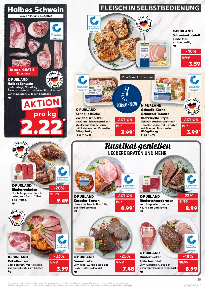 Aktueller Prospekt Kaufland - von 27.01 bis 02.02.2022 - strona 15 - produkty: angebot, angebote, auer, backofen, besteck, braten, eis, elle, Falsches Filet, filet, fleisch, fleisch in selbstbedienung, geschirr, gewürz, ilag, jungbullen, kasseler, kotelett, küche, mit zwiebeln, mozzarella, natur, Ofen, petersilie, purland, rel, rind, rinder, rinderbraten, Rinderroulade, rinderrouladen, rouladen, Rückensteak, rückensteaks, saft, sauce, schmorbraten, schnitten, schnitzel, schwein, schweine, schweinekotelett, schweinerücken, steak, steaks, Tasche, taschen, teller, Ti, tomate, tomaten, tomatensauce, wein, weine, würfel, ZTE, zwiebel, zwiebeln