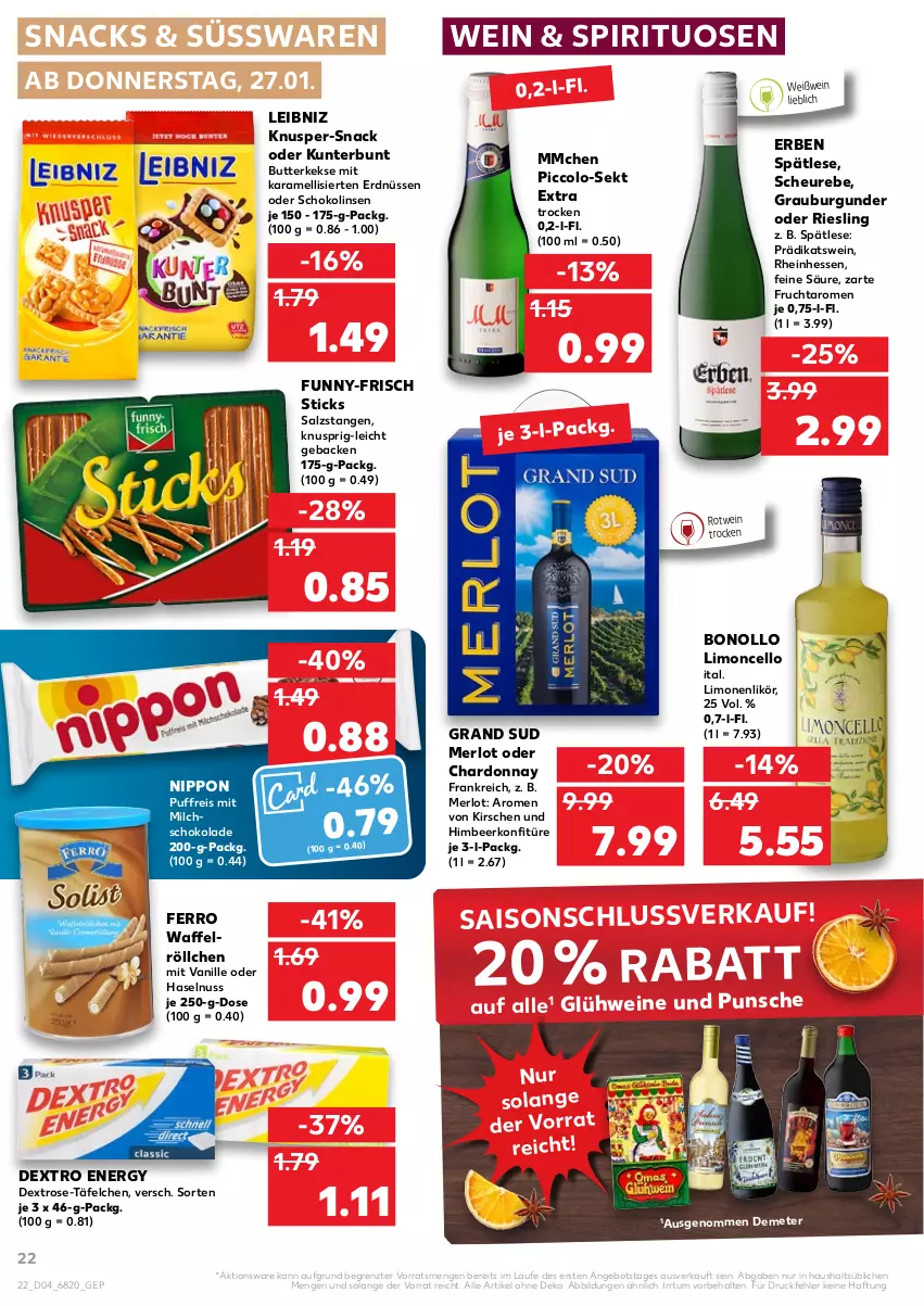 Aktueller Prospekt Kaufland - von 27.01 bis 02.02.2022 - strona 22 - produkty: angebot, burgunder, butter, butterkeks, chardonnay, eis, erdnüsse, erdnüssen, frucht, funny-frisch, geback, Glühwein, grand sud, grauburgunder, haselnuss, Heu, himbeer, karamell, keks, kekse, kirsch, kirsche, kirschen, konfitüre, leibniz, likör, limo, limonen, linsen, merl, merlot, milch, nippon, nuss, reis, riesling, rotwein, salz, Salzstange, Salzstangen, schoko, schokolade, Schokolinsen, sekt, snack, snacks, spirituosen, süsswaren, Ti, vanille, Waffelröllchen, wein, weine, Weißwein, ZTE