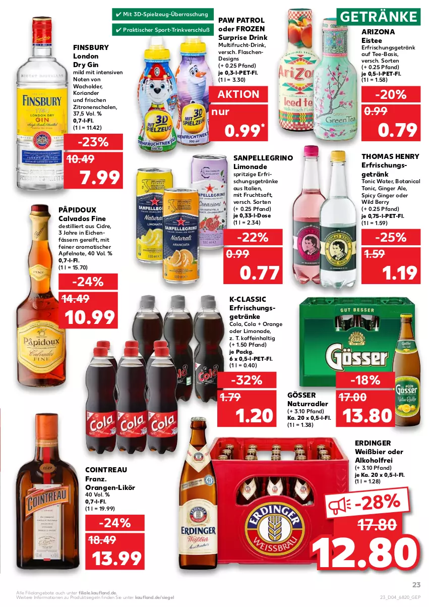 Aktueller Prospekt Kaufland - von 27.01 bis 02.02.2022 - strona 23 - produkty: alkohol, angebot, angebote, apfel, bier, cola, drink, dry gin, eis, eistee, elle, erdinger, erfrischungsgetränk, erfrischungsgetränke, finsbury, flasche, frucht, fruchtsaft, getränk, getränke, gin, ginger, ginger ale, gösser, Koriander, likör, limo, limonade, london dry, london dry gin, mit frucht, natur, orange, orangen, Paw Patrol, radler, Ria, saft, sanpellegrino, Schal, Schale, spielzeug, Sport, tee, thomas henry, Ti, tisch, tonic, tonic water, Wild, wild berry, zitrone, zitronen