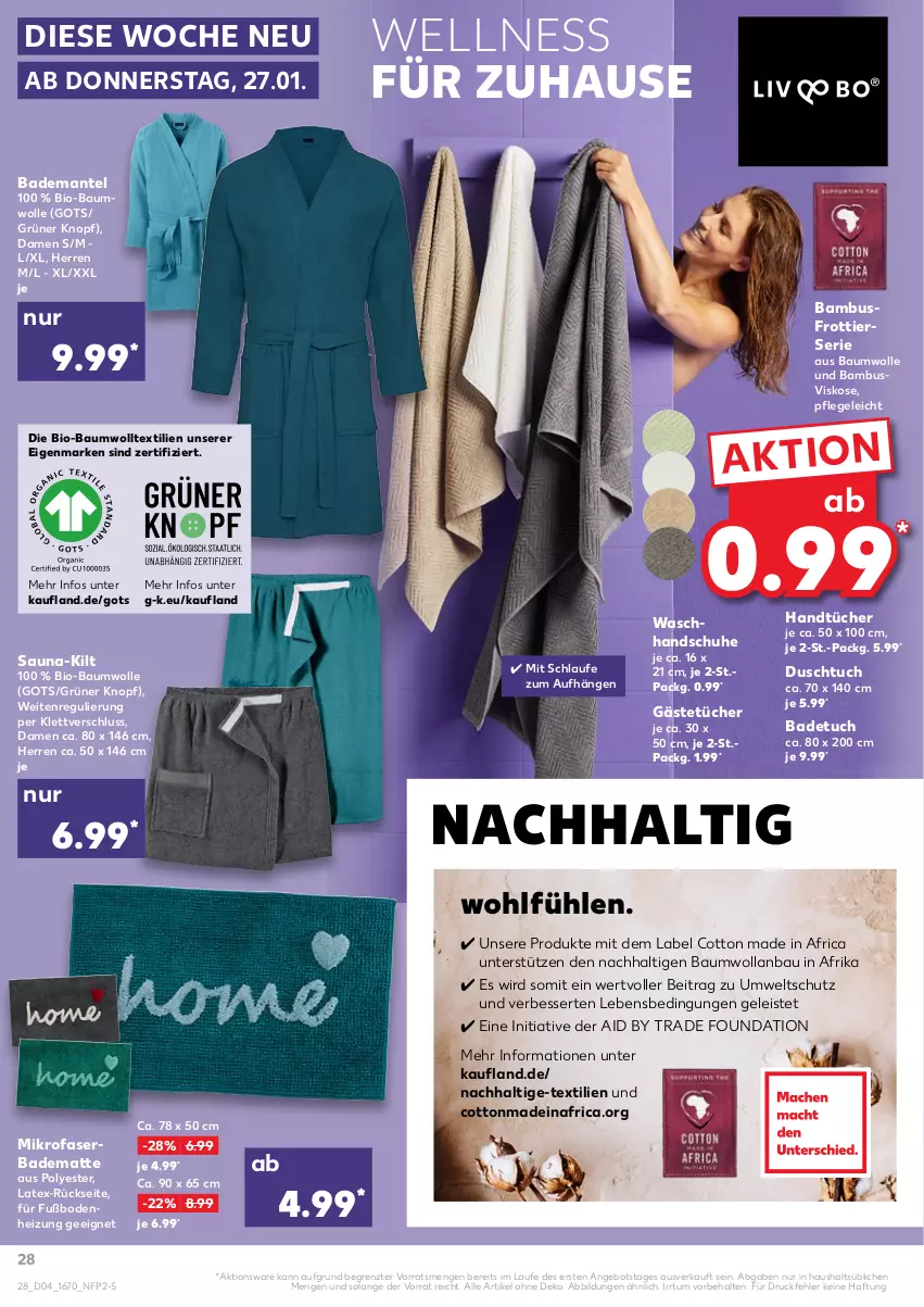 Aktueller Prospekt Kaufland - von 27.01 bis 02.02.2022 - strona 28 - produkty: angebot, Bad, Bademantel, badematte, badetuch, bambus, Bau, baumwolle, bio, bio-baumwolle, duschtuch, eis, Gästetücher, handschuhe, handtücher, Mantel, mikrofaser, schuhe, Ti, tuc, tücher, waschhandschuh, wolle, ZTE