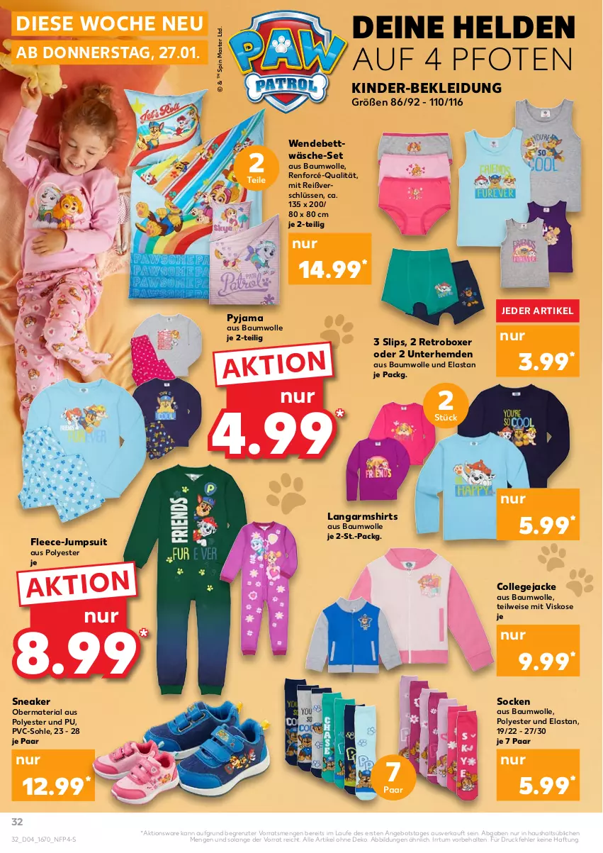 Aktueller Prospekt Kaufland - von 27.01 bis 02.02.2022 - strona 32 - produkty: angebot, Bau, baumwolle, bett, bettwäsche, eis, hemd, hemden, Jacke, jumpsuit, Kinder, kleid, Kleidung, Langarmshirt, Pyjama, Ria, shirt, shirts, slip, slips, sneaker, socken, Ti, Unterhemd, unterhemden, wendebettwäsche, wolle, ZTE