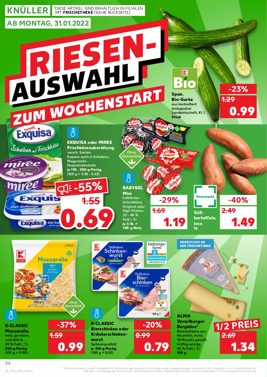 Aktueller Prospekt Kaufland - von 27.01 bis 02.02.2022 - strona 34 - produkty: angebot, babybel, Berger, Bergkäse, bier, bierschinken, bio, doppelrahmstufe, eis, exquisa, frischkäse, frischkäsezubereitung, gin, gurke, halbfester schnittkäse, Heu, heumilch, kartoffel, kartoffeln, Käse, kräuter, milch, miree, mozzarella, oder kräuter, reis, rel, schinken, schinkenwurst, schnittkäse, spitzenqualität, Süßkartoffeln, Ti, trolli, wurst, ZTE