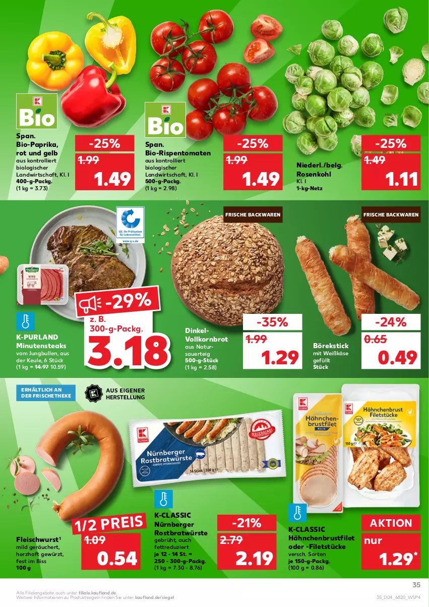 Aktueller Prospekt Kaufland - von 27.01 bis 02.02.2022 - strona 35 - produkty: angebot, angebote, auer, backwaren, Berger, bio, Bio-Paprika, brot, brustfilet, eis, filet, filets, fleisch, fleischwurst, frische backwaren, gewürz, hähnchenbrust, hähnchenbrustfilet, jungbullen, Käse, korn, Kornbrot, LG, minutensteaks, natur, nürnberger, paprika, purland, reis, rispentomaten, rosen, Rosenkohl, steak, steaks, Ti, tomate, tomaten, trolli, vollkornbrot, wurst