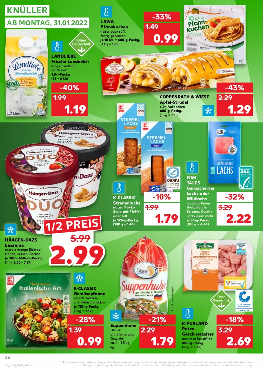 Aktueller Prospekt Kaufland - von 27.01 bis 02.02.2022 - strona 36 - produkty: angebot, apfel, braten, brot, brustfilet, coppenrath, creme, eis, eiscreme, feinschmecker, filet, geschnetzeltes, häagen-dazs, kuchen, lachs, landliebe, landmilch, milch, natur, pfanne, Pfannkuchen, pfeffer, purland, pute, Putengeschnetzeltes, Quiche, reis, salat, salate, Strudel, suppe, suppen, Suppenhuhn, Ti, Wild, wildlachs, Zelt, ZTE