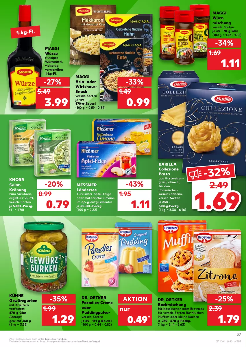 Aktueller Prospekt Kaufland - von 27.01 bis 02.02.2022 - strona 37 - produkty: angebot, angebote, apfel, backmischung, barilla, beutel, brownie, brownies, creme, Dr. Oetker, gewürz, Gewürzgurke, gewürzgurken, gurke, gurken, hartweizen, Käse, käsekuchen, knorr, kräuter, kräutern, kuchen, Kühne, Ländertee, leine, limo, maggi, maggi würze, Muffin, muffins, nuss, pasta, pudding, rwe, salat, salatkrönung, snack, tee, Ti