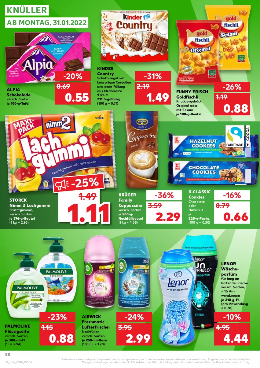 Aktueller Prospekt Kaufland - von 27.01 bis 02.02.2022 - strona 38 - produkty: airwick, alpia, angebot, beutel, Cap, cappuccino, cerealien, cin, cola, cookie, cookies, creme, fisch, flüssigseife, frucht, fruchtgummi, fruchtgummis, funny-frisch, gin, Goldfischli, Kinder, kinder country, krüger, lachgummi, lenor, lufterfrischer, milch, Nimm 2, olive, palmolive, riegel, schoko, schokolade, schokoriegel, Seife, sesam, storck, Ti, wäscheparfüm, WICK, ZTE