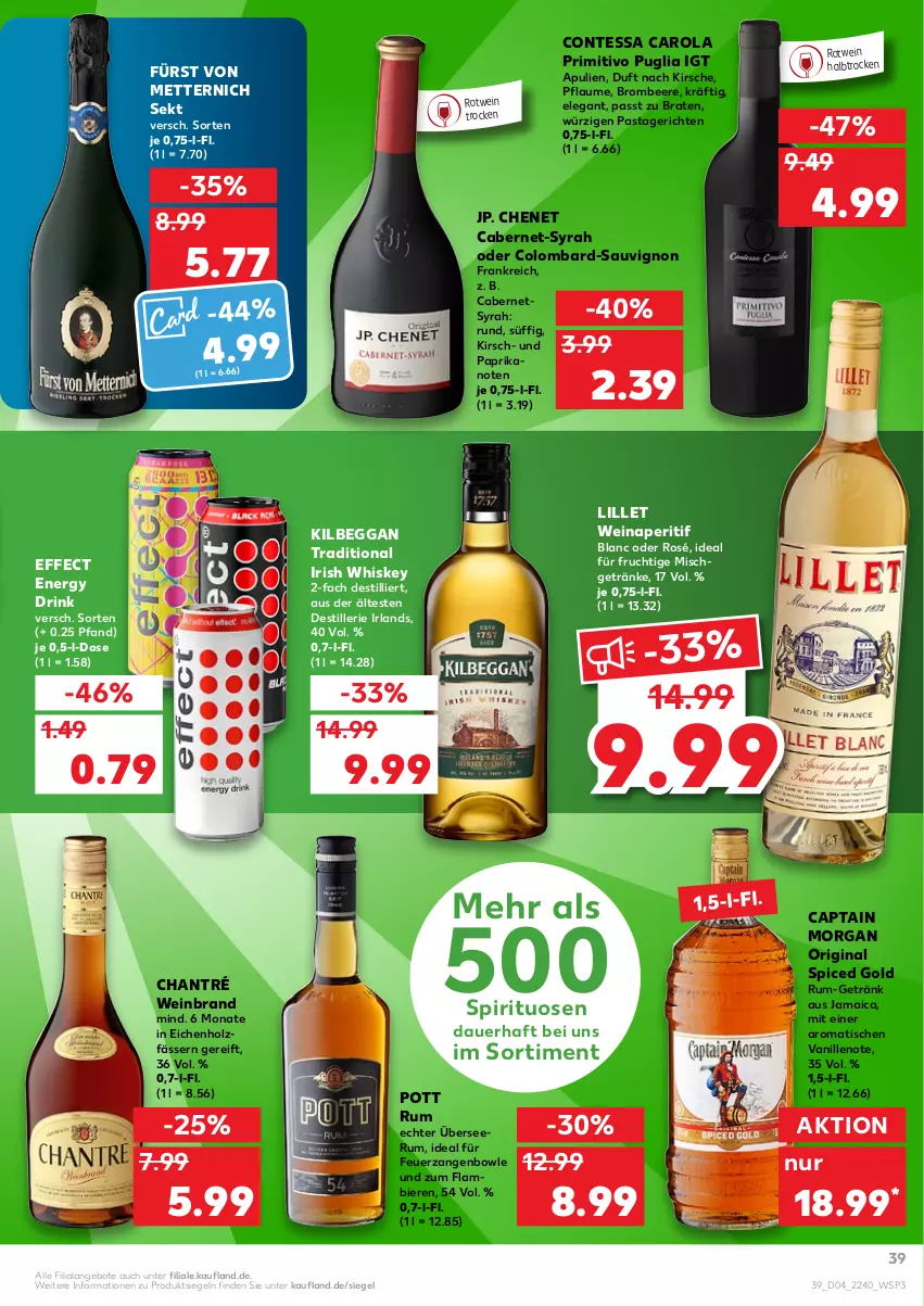 Aktueller Prospekt Kaufland - von 27.01 bis 02.02.2022 - strona 39 - produkty: angebot, angebote, aperitif, auer, beere, bier, Biere, bowle, braten, brombeere, cabernet, Cap, captain morgan, chantré, drink, Effect, energy drink, frucht, fürst von metternich, getränk, getränke, gin, Holz, irish whiskey, kilbeggan, kirsch, kirsche, lillet, Mett, metternich, original spiced gold, paprika, pasta, Pastagericht, pflaume, primitivo, rotwein, rum, sauvignon, sekt, spirituosen, Ti, tisch, vanille, wein, weinbrand, whiskey, Zangen