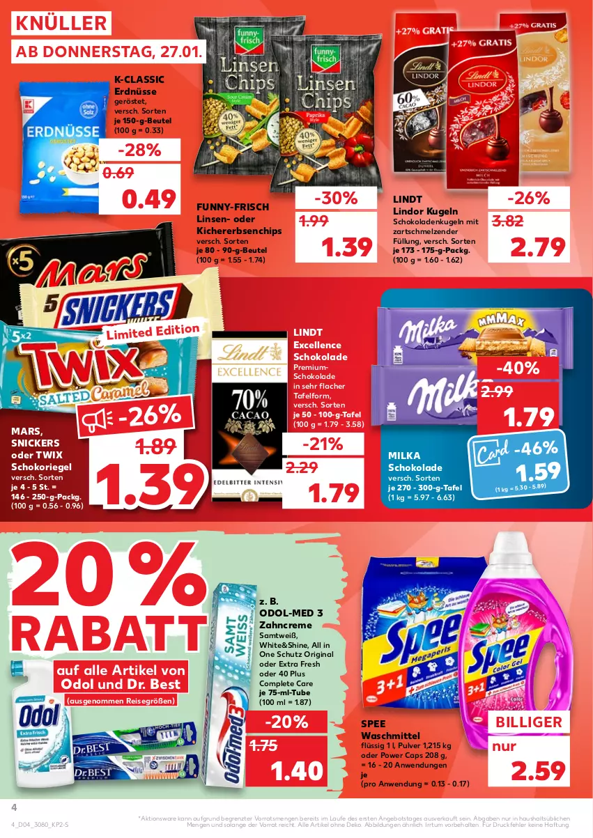 Aktueller Prospekt Kaufland - von 27.01 bis 02.02.2022 - strona 4 - produkty: angebot, beutel, Cap, chips, creme, Dr. Best, eis, elle, erbsen, erdnüsse, funny-frisch, gin, kichererbsen, Kugel, lindor, lindt, linsen, mars, milka, milka schokolade, oder twix, Odol, Odol-med 3, reis, riegel, schoko, schokolade, schokoladen, schokoriegel, snickers, spee, Ti, twix, waschmittel, zahncreme, ZTE