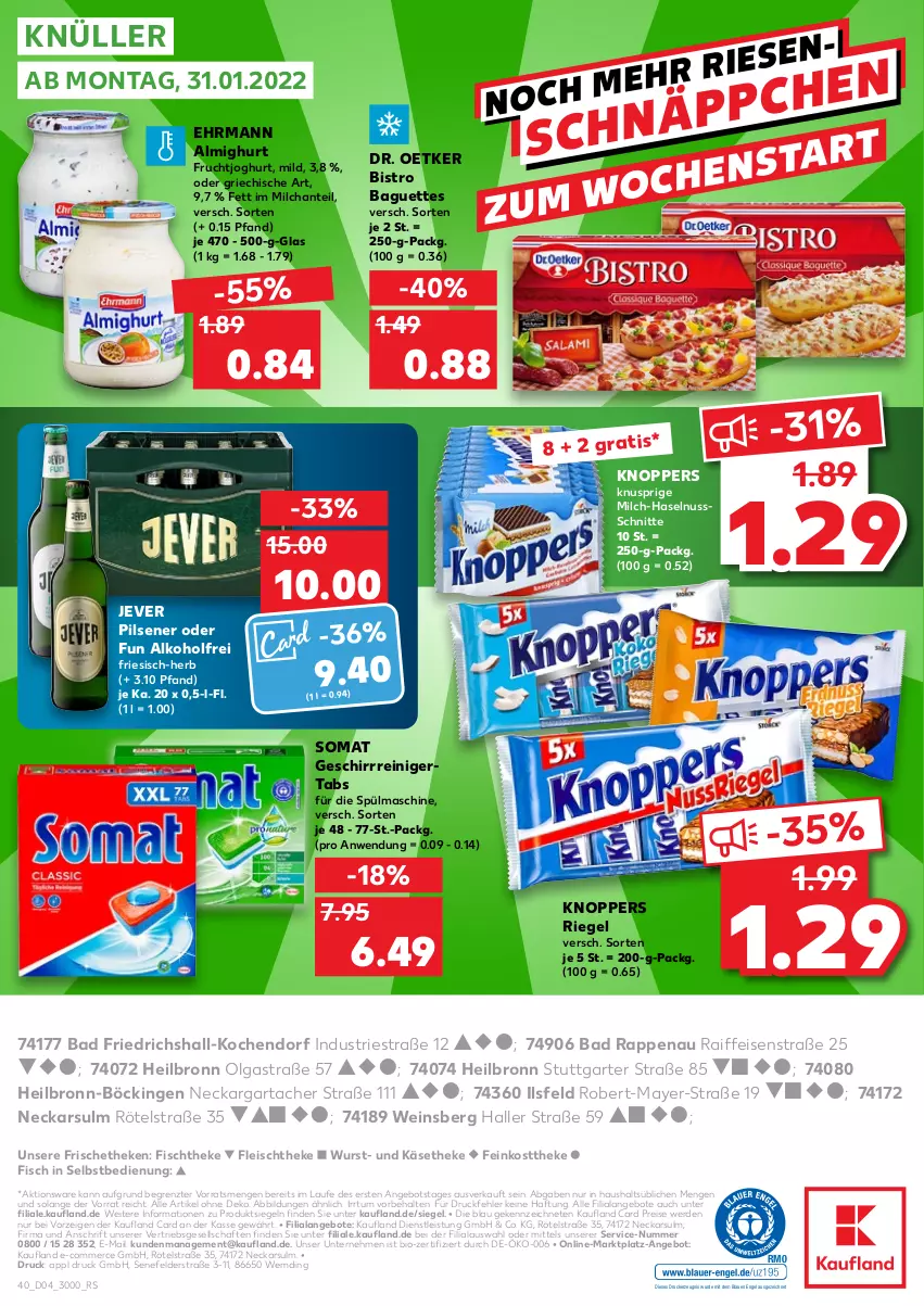 Aktueller Prospekt Kaufland - von 27.01 bis 02.02.2022 - strona 40 - produkty: alkohol, almighur, almighurt, angebot, angebote, Astra, Bad, baguette, baguettes, bio, Bistro Baguette, Dr. Oetker, drucker, ehrmann, ehrmann almighurt, eis, Engel, erde, feinkost, feinkosttheke, fisch, fischtheke, fleisch, frucht, fruchtjoghurt, geschirr, haselnuss, jever, jever pilsener, joghur, joghurt, Käse, käsetheke, kerze, knoppers, LG, milch, nuss, pils, pilsener, reiniger, reis, riegel, somat, Ti, wein, wurst, ZTE