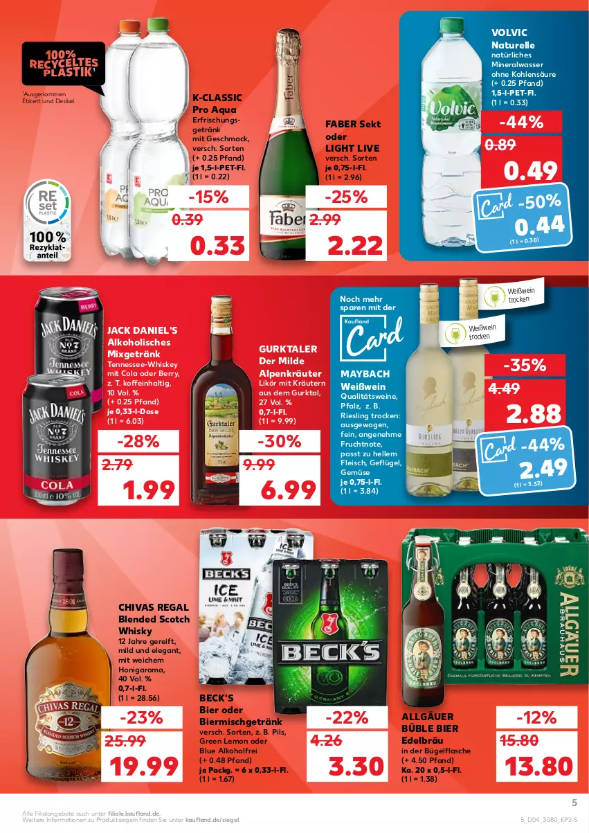 Aktueller Prospekt Kaufland - von 27.01 bis 02.02.2022 - strona 5 - produkty: alkohol, Alwa, angebot, angebote, aqua, beck's, bier, blended scotch, blended scotch whisky, bügel, bügelflasche, cola, decke, Deckel, eis, elle, erfrischungsgetränk, flasche, fleisch, frucht, Geflügel, getränk, Gurktaler, honig, jack daniel, jack daniel's, kräuter, kräutern, LG, likör, mac, maybach, mineralwasser, Mixgetränk, natur, natürliches mineralwasser, pils, qualitätswein, qualitätsweine, regal, rel, riesling, scotch, scotch whisky, sekt, Ti, volvic, wasser, wein, weine, Weißwein, whiskey, whisky