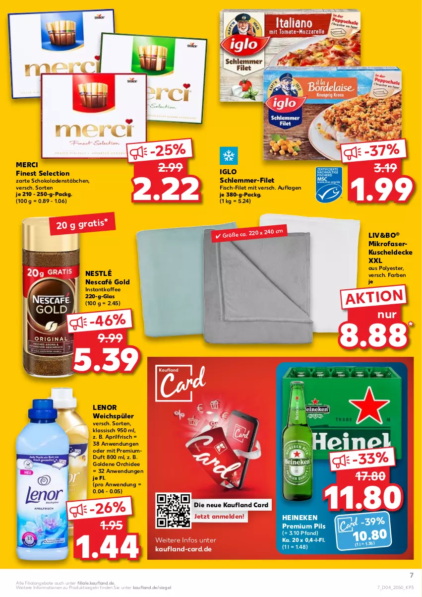 Aktueller Prospekt Kaufland - von 27.01 bis 02.02.2022 - strona 7 - produkty: angebot, angebote, decke, filet, fisch, heineken, iglo, instantkaffee, kaffee, kuscheldecke, lenor, lenor weichspüler, merci, mikrofaser, Nescafé, nescafé gold, nestlé, orchidee, pils, premium pils, pril, schlemmer-filet, schoko, schokolade, schokoladen, Ti, weichspüler