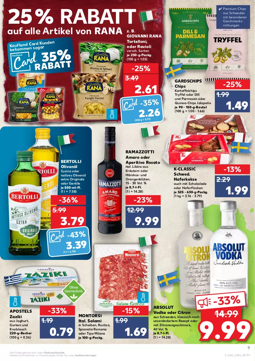 Aktueller Prospekt Kaufland - von 27.01 bis 02.02.2022 - strona 9 - produkty: Absolut Vodka, amaro, angebot, angebote, aperitivo rosato, apostels, Becher, beko, bertolli, beutel, Blüte, chips, cin, gin, giovanni rana, gurke, gurken, hafer, haferflocken, jalapeño, joghur, joghurt, kartoffel, kartoffelchips, keks, kekse, knoblauch, kräuter, kräutern, likör, mac, montorsi, natives olivenöl, olive, oliven, olivenöl, olivenöl extra, orange, orangen, quinoa, rama, ramazzott, ramazzotti, Rana, ravioli, rezept, rosato, salami, schoko, schokolade, Ti, torte, tortelloni, vodka, zaziki, zitrone, zitronen, zott