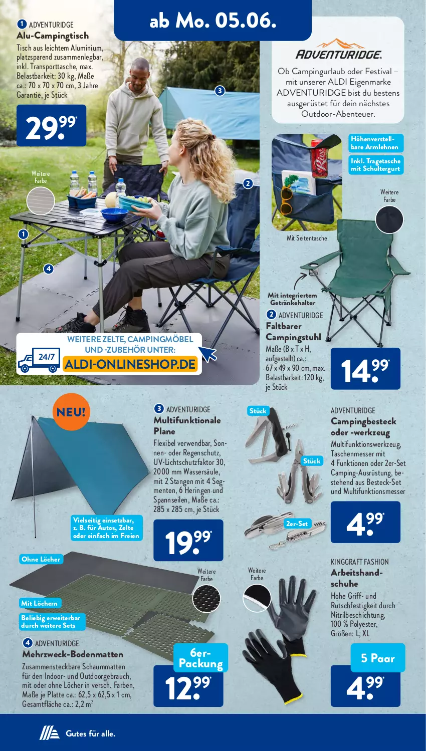 Aktueller Prospekt AldiSud - NÄCHSTE WOCHE - von 05.06 bis 10.06.2023 - strona 13 - produkty: aldi, armlehnen, auto, besteck, besteck-set, Bodenmatten, campingstuhl, Campingtisch, ente, getränk, getränke, getränkehalter, handschuhe, hering, latte, messer, möbel, Rauch, Regenschutz, ring, rwe, schuhe, schultergurt, Sport, sporttasche, stuhl, Tasche, taschen, Ti, tisch, tragetasche, wasser, weck, werkzeug, Zelt