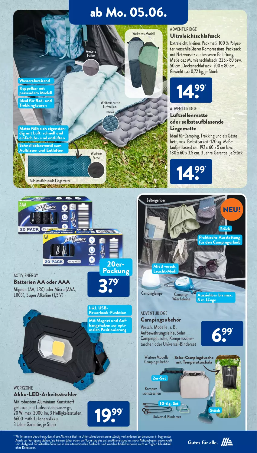 Aktueller Prospekt AldiSud - NÄCHSTE WOCHE - von 05.06 bis 10.06.2023 - strona 14 - produkty: akku, alle artikel ohne dekoration, Bank, batterie, batterien, bett, Campingdusche, decke, dekoration, dell, dusche, eis, elle, Gästebett, gin, Lampe, leine, LG, Liege, Mode, powerbank, sac, schlafsack, Tasche, taschen, Ti, tisch, usb, wasser, Zelt, ZTE