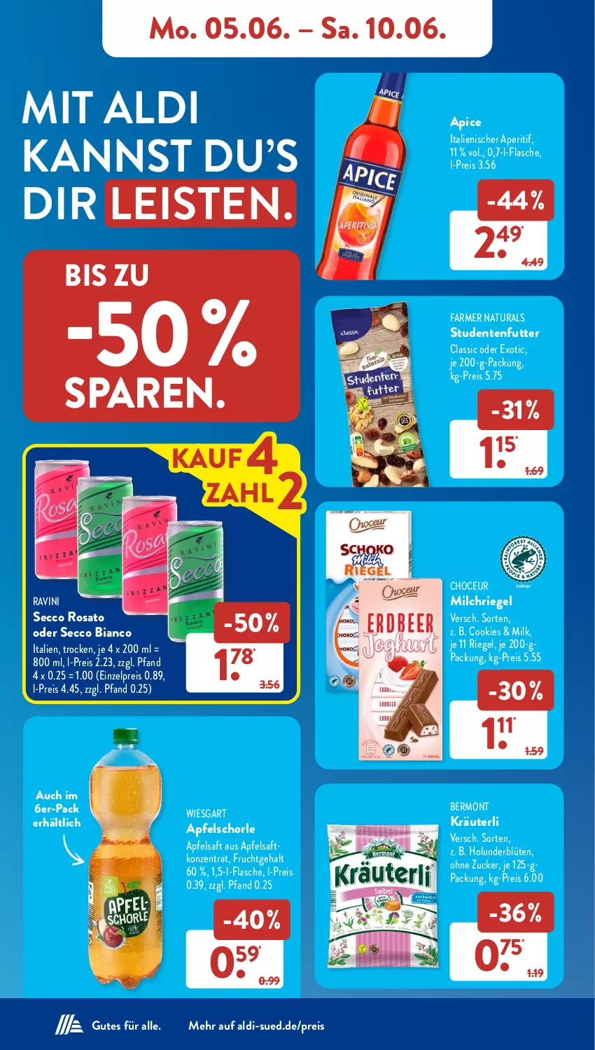 Aktueller Prospekt AldiSud - NÄCHSTE WOCHE - von 05.06 bis 10.06.2023 - strona 9 - produkty: aldi, aperitif, apfel, apfelsaft, Apfelschorle, Blüte, cookie, cookies, ecco, eis, ente, flasche, frucht, holunder, holunderblüte, kräuter, milch, natur, natura, reis, riegel, rosato, saft, schorle, studentenfutter, Ti, zucker