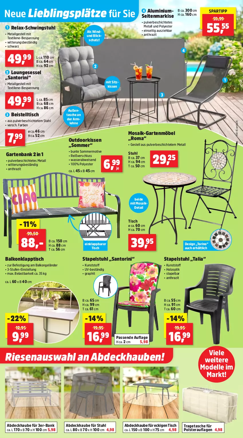 Aktueller Prospekt Thomas Philipps - von 04.05 bis 09.05.2026 - strona 2 - produkty: abdeckhaube, Bank, beistelltisch, dell, eis, elle, Garten, gartenbank, gartenmöbel, Holz, kissen, klapptisch, LG, loungesessel, möbel, Mode, rel, schwingstuhl, Seitenmarkise, sessel, sitzkissen, spartipp, stapelstuhl, stuhl, Tasche, Ti, tisch, tragetasche, wasser
