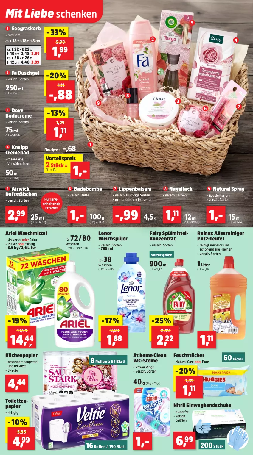 Aktueller Prospekt Thomas Philipps - von 04.05 bis 09.05.2026 - strona 20 - produkty: airwick, ariel, ariel waschmittel, Bad, balsam, body, creme, dove, duschgel, Eau de parfum, Einweghandschuhe, eis, fa duschgel, fairy, feuchttücher, frucht, handschuhe, kneipp, korb, küche, Küchen, lack, lenor, lenor weichspüler, Lippenbalsam, Nagellack, natur, natura, papier, parfum, reiniger, reis, ring, rosen, schuhe, spülmittel, Ti, toilettenpapier, tücher, vorteilspreis, waschmittel, WC-Steine, weichspüler, WICK
