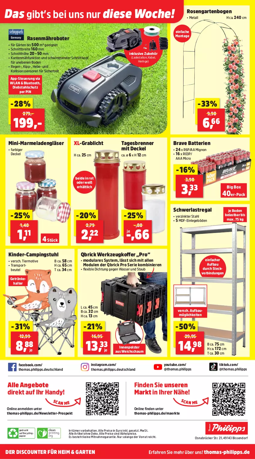 Aktueller Prospekt Thomas Philipps - von 04.05 bis 09.05.2026 - strona 23 - produkty: abholpreise, alle preise sind abholpreise, angebot, angebote, batterie, batterien, Bau, beutel, Brei, campingstuhl, Clin, decke, Deckel, discount, eis, Garten, getränk, getränke, getränkehalter, Gläser, Handy, hering, Kinder, koffer, mähroboter, marmelade, papier, rasen, regal, reis, ring, rosen, schwerlastregal, Sport, stuhl, Ti, wasser, werkzeug, Yo