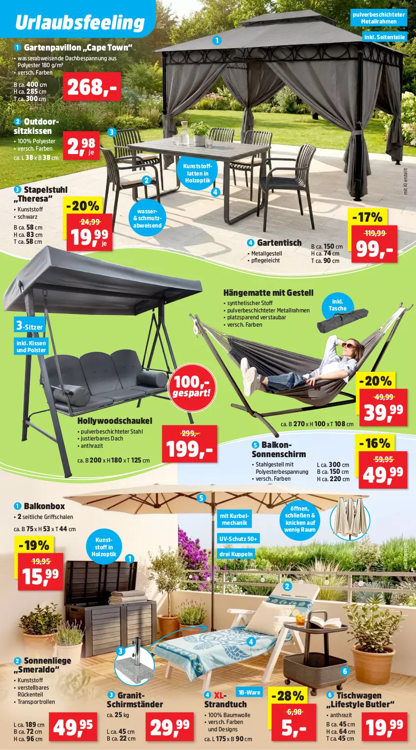Aktueller Prospekt Thomas Philipps - von 04.05 bis 09.05.2026 - strona 3 - produkty: Bau, baumwolle, bsf, Cap, eis, ente, Garten, gartentisch, hängematte, hollywoodschaukel, Holz, kissen, latte, LG, Liege, pavillon, resa, Schal, Schale, Schaukel, schirmständer, sitzkissen, sonnenliege, sonnenschirm, Sport, stapelstuhl, Stier, strandtuch, stuhl, Tasche, Ti, tisch, tuc, uv-schutz, wasser, wolle