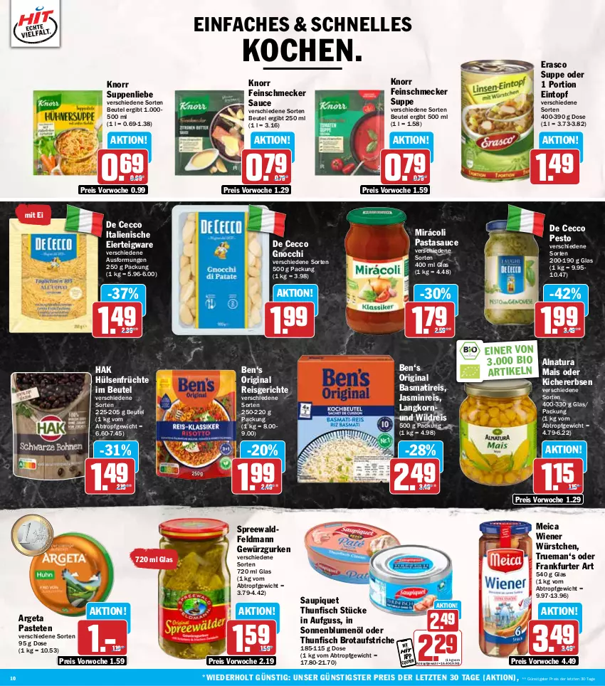 Aktueller Prospekt Hit - Wochenprospekt - von 19.05 bis 24.05.2025 - strona 10 - produkty: aufstrich, basmati, beutel, bio, blume, blumen, blumenöl, brot, brotaufstrich, brotaufstriche, De Cecco, ecco, eier, eintopf, eis, elle, erasco, erbsen, feinschmecker, fisch, frankfurter, früchte, gewürz, Gewürzgurke, gewürzgurken, gin, gnocchi, gurke, gurken, hülsenfrüchte, kichererbsen, knorr, korn, mais, meica, Mirácoli, natur, natura, pasta, pastete, pesto, reis, sauce, saupiquet, senf, sonnenblume, sonnenblumen, sonnenblumenöl, suppe, suppen, suppenliebe, thunfisch, Ti, topf, wiener, wiener würstchen, Wild, würstchen, ZTE