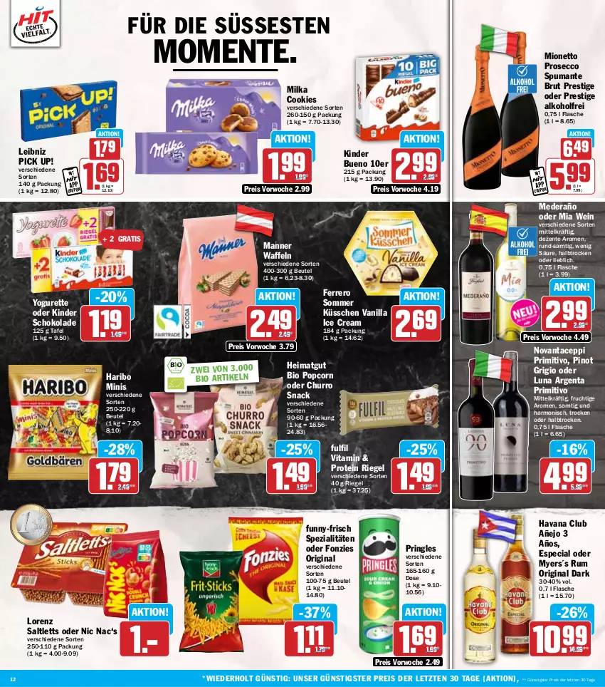Aktueller Prospekt Hit - Wochenprospekt - von 19.05 bis 24.05.2025 - strona 12 - produkty: alkohol, beutel, bio, brut, cookie, cookies, coupon, ecco, eis, ente, ferrero, flasche, frucht, funny-frisch, gin, haribo, Havana Club, Kinder, kinder bueno, kinder schokolade, leibniz, lorenz, Manner, milka, mionetto, Pick Up!, Pinot, pinot grigio, popcorn, primitivo, pringles, prosecco, puma, reis, riegel, ring, rum, saltletts, schoko, schokolade, snack, Spezi, spumante, Ti, vita, waffeln, wein, Yo, yogurette, ZTE