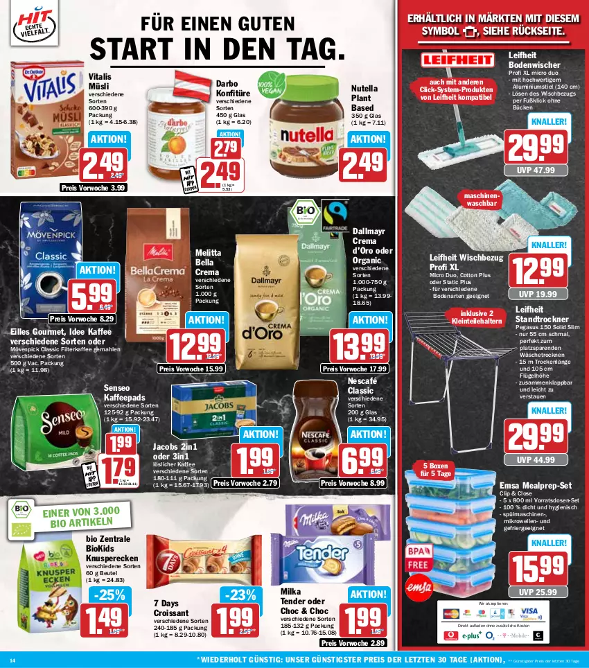 Aktueller Prospekt Hit - Wochenprospekt - von 19.05 bis 24.05.2025 - strona 14 - produkty: asus, bella crema, beutel, bio, bodenwischer, coupon, Croissant, dallmayr, darbo, eilles gourmet, eis, elle, emsa, Ergee, filterkaffee, jacobs, kaffee, kaffeepads, konfitüre, leifheit, löslicher kaffee, melitta, mikrowelle, milka, mövenpick, müsli, Nescafé, nutella, reis, senseo, spülmaschinen, tender, Ti, Tiere, Trockner, vita, vitalis, vitalis müsli, ZTE