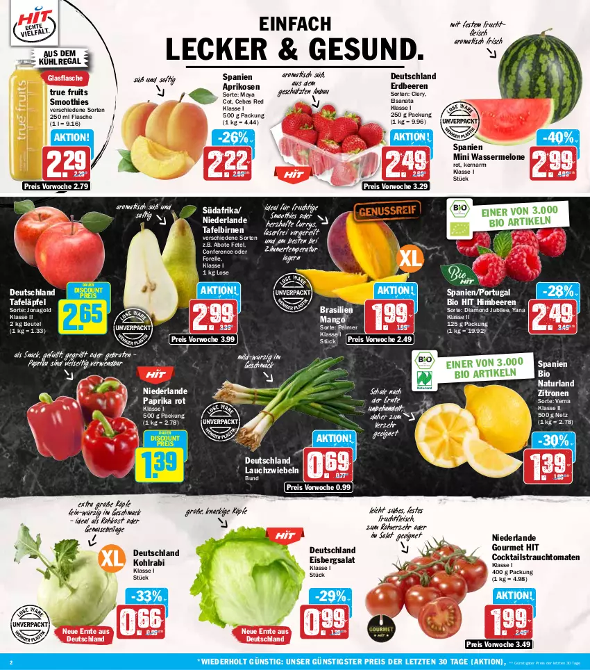 Aktueller Prospekt Hit - Wochenprospekt - von 19.05 bis 24.05.2025 - strona 2 - produkty: aprikose, aprikosen, auer, aus dem kühlregal, Bau, beere, beeren, beutel, bio, bio hit, Birnen, braten, cocktail, cocktails, curry, discount, eis, eisbergsalat, elle, erdbeere, erdbeeren, flasche, fleisch, forelle, frucht, fruchtfleisch, glasflasche, grill, himbeer, himbeere, himbeeren, ilag, kohlrabi, kühlregal, Lauchzwiebel, lauchzwiebeln, mac, mango, melone, natur, naturland, paprika, paprika rot, Rauch, regal, reis, rel, rwe, saft, salat, sana, Schal, Schale, smoothie, smoothies, snack, strauchtomaten, tafeläpfel, tafelbirnen, Ti, tisch, tomate, tomaten, true fruits, wasser, wassermelone, zitrone, zitronen, ZTE, zwiebel, zwiebeln