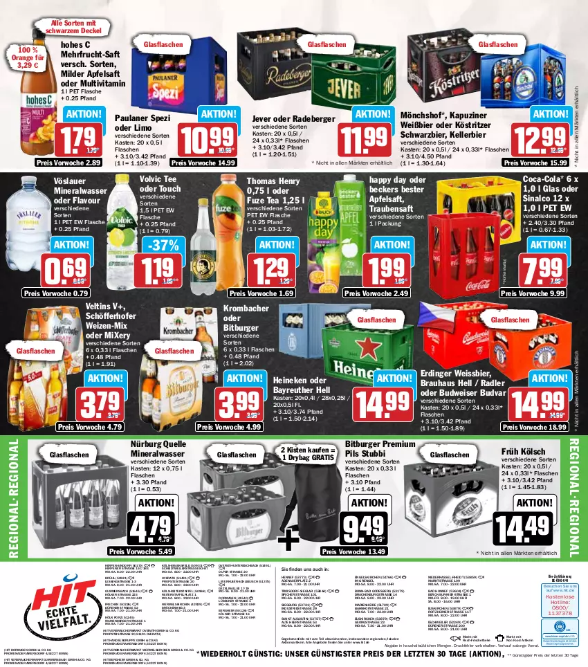 Aktueller Prospekt Hit - Wochenprospekt - von 19.05 bis 24.05.2025 - strona 21 - produkty: Alwa, angebot, angebote, apfel, apfelsaft, auer, Bad, Beckers Bester, Berger, bier, bio, bitburger, braun, budweiser, burger, coca-cola, cola, decke, Deckel, eimer, eis, elle, Engel, erdinger, fisch, flasche, frucht, Früh Kölsch, fuze tea, glasflasche, Happy Day, heineken, Hohes C, jever, kellerbier, köstritzer, krombache, krombacher, limo, Lübecker, mineralwasser, Mixer, mixery, mönchshof, orange, Paula, paulaner, pils, premium pils, radeberger, radler, Rauch, reis, saft, schöfferhofer, sinalco, Spezi, tee, thomas henry, Ti, trauben, Traubensaft, uhr, veltins, vita, volvic, vöslauer, wasser, weissbier, ZTE