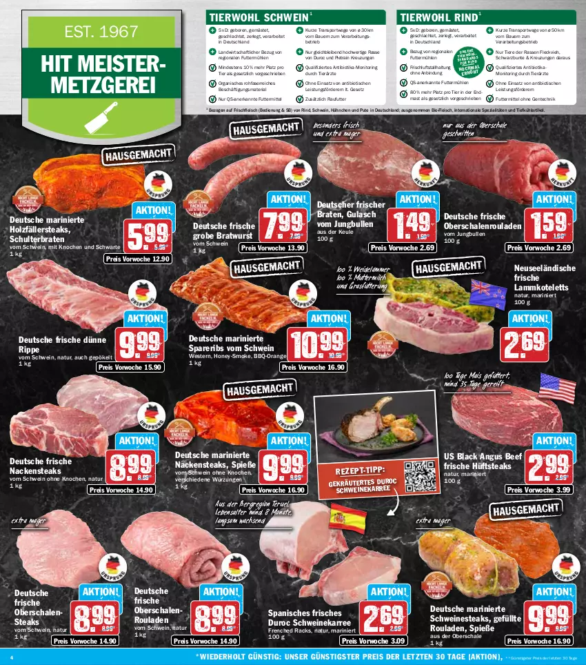 Aktueller Prospekt Hit - Wochenprospekt - von 19.05 bis 24.05.2025 - strona 4 - produkty: auer, Bau, Bauer, beef, bio, braten, bratwurst, eis, ente, fleisch, Geflügel, grobe bratwurst, gulasch, Holz, holzfällersteaks, hüftsteak, hüftsteaks, jungbullen, kotelett, kräuter, lack, lamm, lammkotelett, mais, Meister, milch, monitor, Nackensteak, nackensteaks, natur, Nestea, Oberschalenrouladen, orange, pute, reis, Ria, rind, ring, rouladen, Schal, Schale, schnitten, schwein, schweine, spareribs, Spezi, Sport, steak, steaks, Ti, Tiere, tisch, wein, weine, Weste, wurst, ZTE