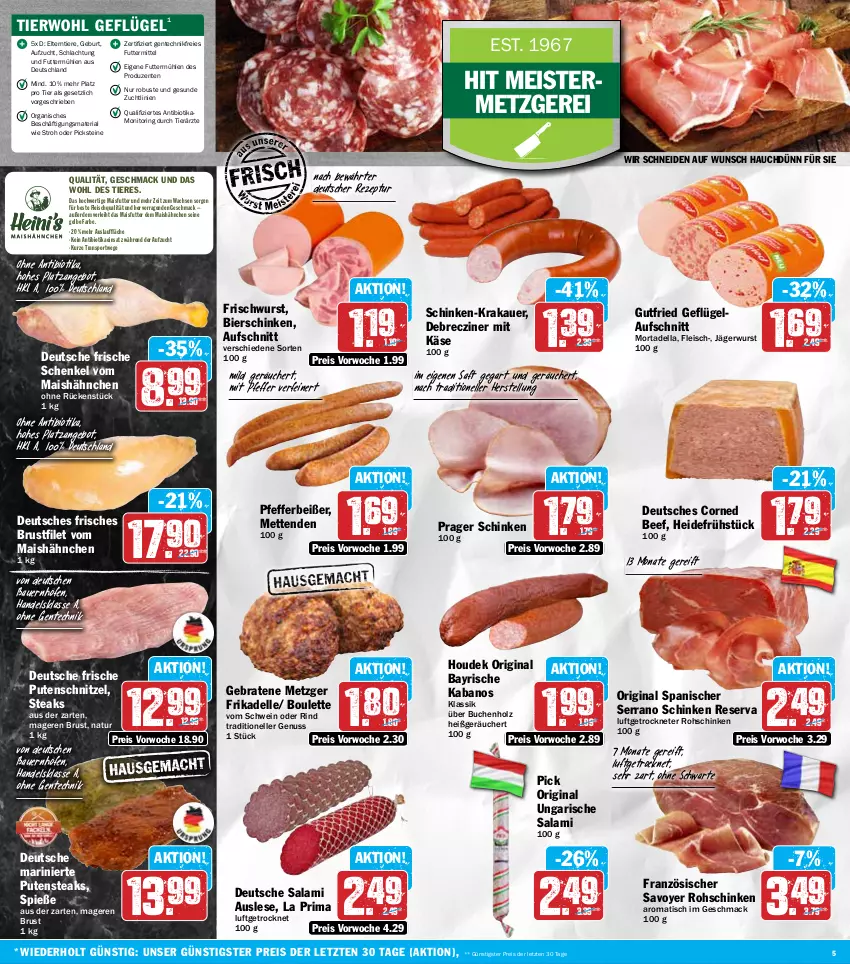Aktueller Prospekt Hit - Wochenprospekt - von 19.05 bis 24.05.2025 - strona 5 - produkty: angebot, auer, aufschnitt, Bau, Bauer, beef, bier, bierschinken, bio, braten, brustfilet, buch, corned beef, debrecziner, dell, eis, elle, ente, erde, filet, fleisch, Geflügel, gin, gutfried, heidefrühstück, henkel, Holz, houdek, kabanos, Käse, krakauer, mac, mais, Meister, Mett, metten, Mettenden, monitor, mortadella, natur, nuss, pfeffer, Pfefferbeißer, pute, putenschnitzel, putensteaks, reis, rezept, Ria, rind, ring, rohschinken, saft, salami, schenkel, schinken, schnitzel, schwein, serrano, serrano schinken, Sport, steak, steaks, Ti, Tiere, tisch, Ungarische Salami, wein, wurst, ZTE