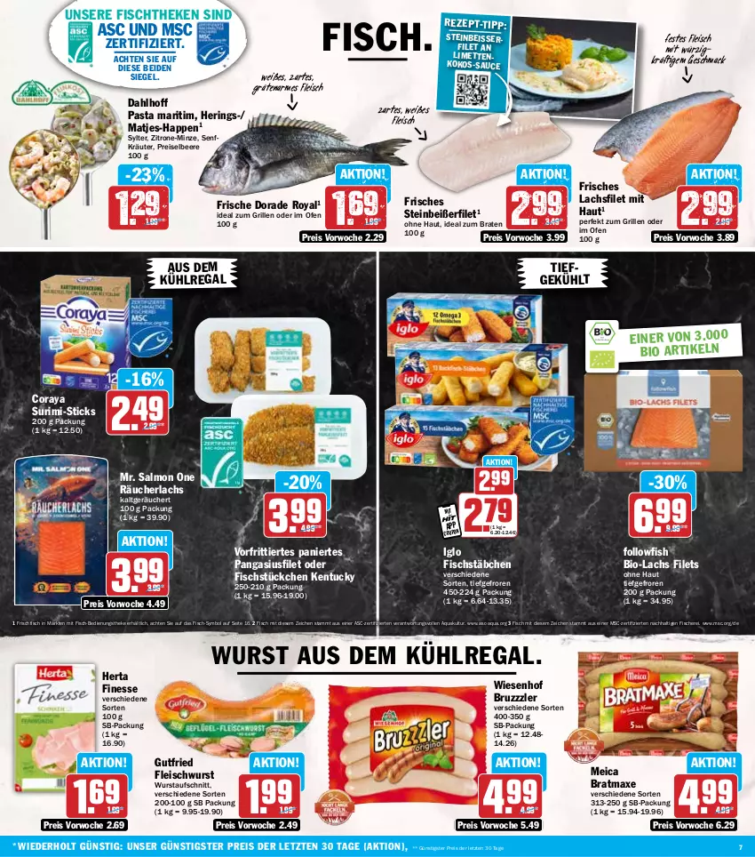 Aktueller Prospekt Hit - Wochenprospekt - von 19.05 bis 24.05.2025 - strona 7 - produkty: aqua, aufschnitt, aus dem kühlregal, axe, beere, bio, braten, bratmaxe, bruzzzler, coupon, Dorade, dorade royal, eis, filet, filets, finesse, fisch, fische, Fischer, fischstäbchen, fischtheke, fleisch, fleischwurst, followfish, frischfisch, grill, gutfried, hering, Herings, herta, herta finesse, ideal zum braten, ideal zum grillen, iglo, kokos, kräuter, kühlregal, lachs, lachsfilet, limette, limetten, mac, matjes, meica, Mett, metten, minze, Ofen, Pangasius, pasta, Räucherlachs, regal, reis, ring, sauce, Schere, senf, Steinbeißer, Steinbeißerfilet, Sylter, Ti, tuc, wiesenhof, wurst, zitrone, ZTE