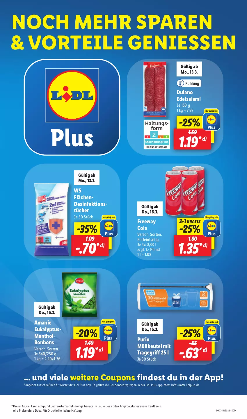 Aktueller Prospekt Lidl - Aktionsprospekt - von 13.03 bis 18.03.2023 - strona 11 - produkty: angebot, beutel, bonbons, cola, coupon, coupons, Desinfektion, dulano, Edelsalami, eis, müllbeutel, reis, salami, Ti, tragegriff, tücher, ZTE