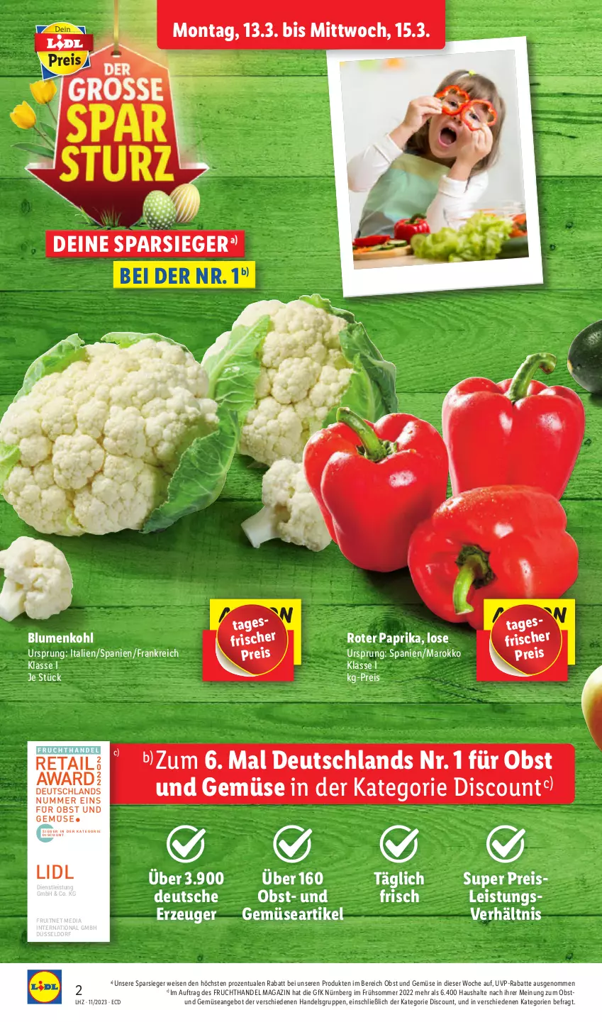 Aktueller Prospekt Lidl - Aktionsprospekt - von 13.03 bis 18.03.2023 - strona 2 - produkty: angebot, blume, blumen, blumenkohl, discount, eis, ente, frucht, magazin, obst, Obst und Gemüse, paprika, reis, Ti, und gemüse