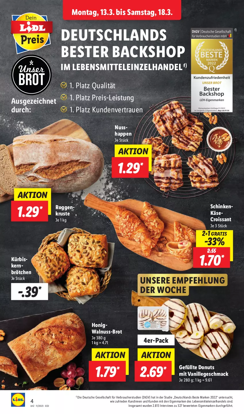 Aktueller Prospekt Lidl - Aktionsprospekt - von 13.03 bis 18.03.2023 - strona 4 - produkty: brot, brötchen, Croissant, Donut, donuts, eis, honig, Käse, Kürbis, Kürbiskernbrötchen, lebensmittel, mac, nuss, Rauch, reis, schinken, Ti, vanille, walnuss