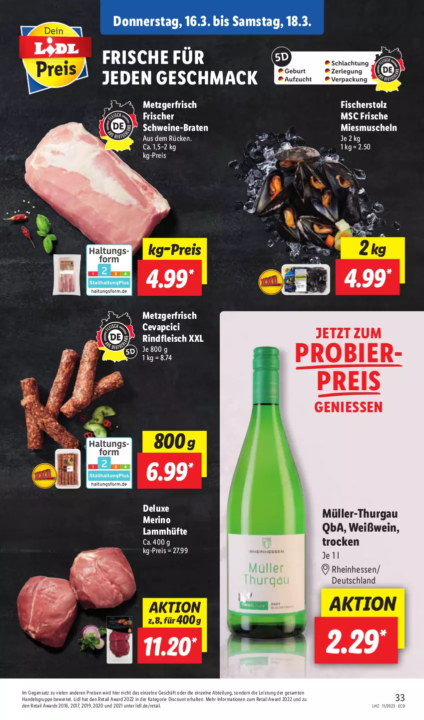 Aktueller Prospekt Lidl - Aktionsprospekt - von 13.03 bis 18.03.2023 - strona 41 - produkty: Abtei, bier, braten, cevapcici, discount, eis, fisch, fische, Fischer, fleisch, lamm, mac, Müller, Müller-Thurgau, Muscheln, reis, rind, rindfleisch, schwein, schweine, Ti, wein, weine, Weißwein