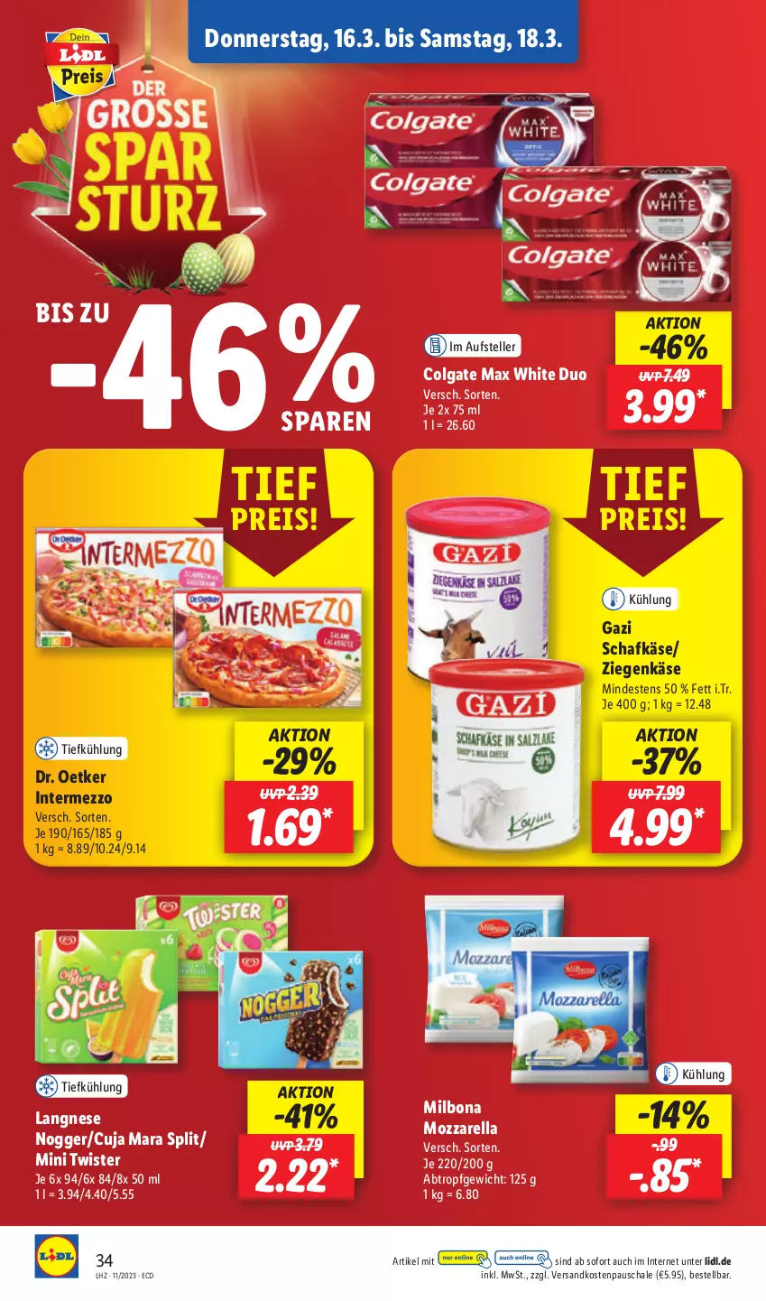 Aktueller Prospekt Lidl - Aktionsprospekt - von 13.03 bis 18.03.2023 - strona 42 - produkty: Bona, colgate, Dr. Oetker, eis, elle, intermezzo, Käse, langnese, LG, Max White, Milbona, mozzarella, ndk, nogger, reis, rel, schafkäse, Schal, Schale, teller, Ti, ziegenkäse