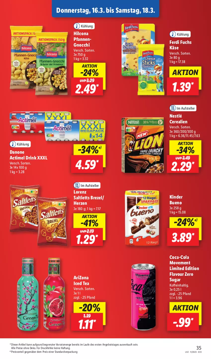 Aktueller Prospekt Lidl - Aktionsprospekt - von 13.03 bis 18.03.2023 - strona 43 - produkty: actimel, actimel drink, angebot, brezel, cerealien, coca-cola, cola, danone, danone actimel drink, drink, eis, elle, ferdi fuchs, gnocchi, hilcona, Käse, Kinder, kinder bueno, lorenz, nestlé, pfanne, pfannen, preisvorteil, reis, saltletts, teller, Ti, ZTE