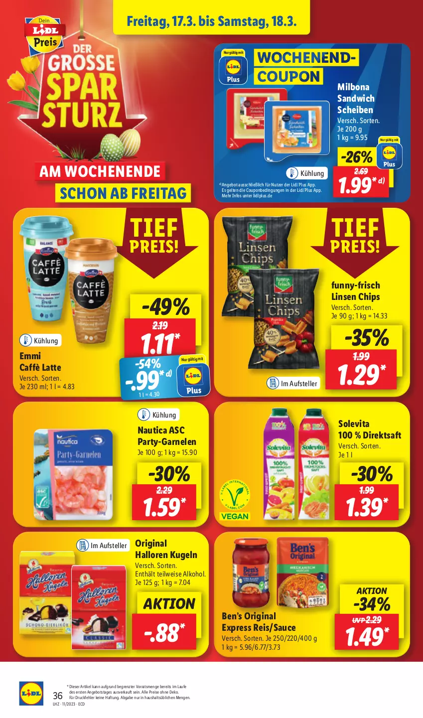 Aktueller Prospekt Lidl - Aktionsprospekt - von 13.03 bis 18.03.2023 - strona 44 - produkty: alkohol, angebot, Ben’s Original, Bona, caffè latte, chips, coupon, direktsaft, drucker, eis, elle, emmi, Engel, funny-frisch, garnelen, gin, kerze, Kugel, latte, linsen, Milbona, papier, reis, saft, sandwich, sauce, teller, Ti, vita, ZTE