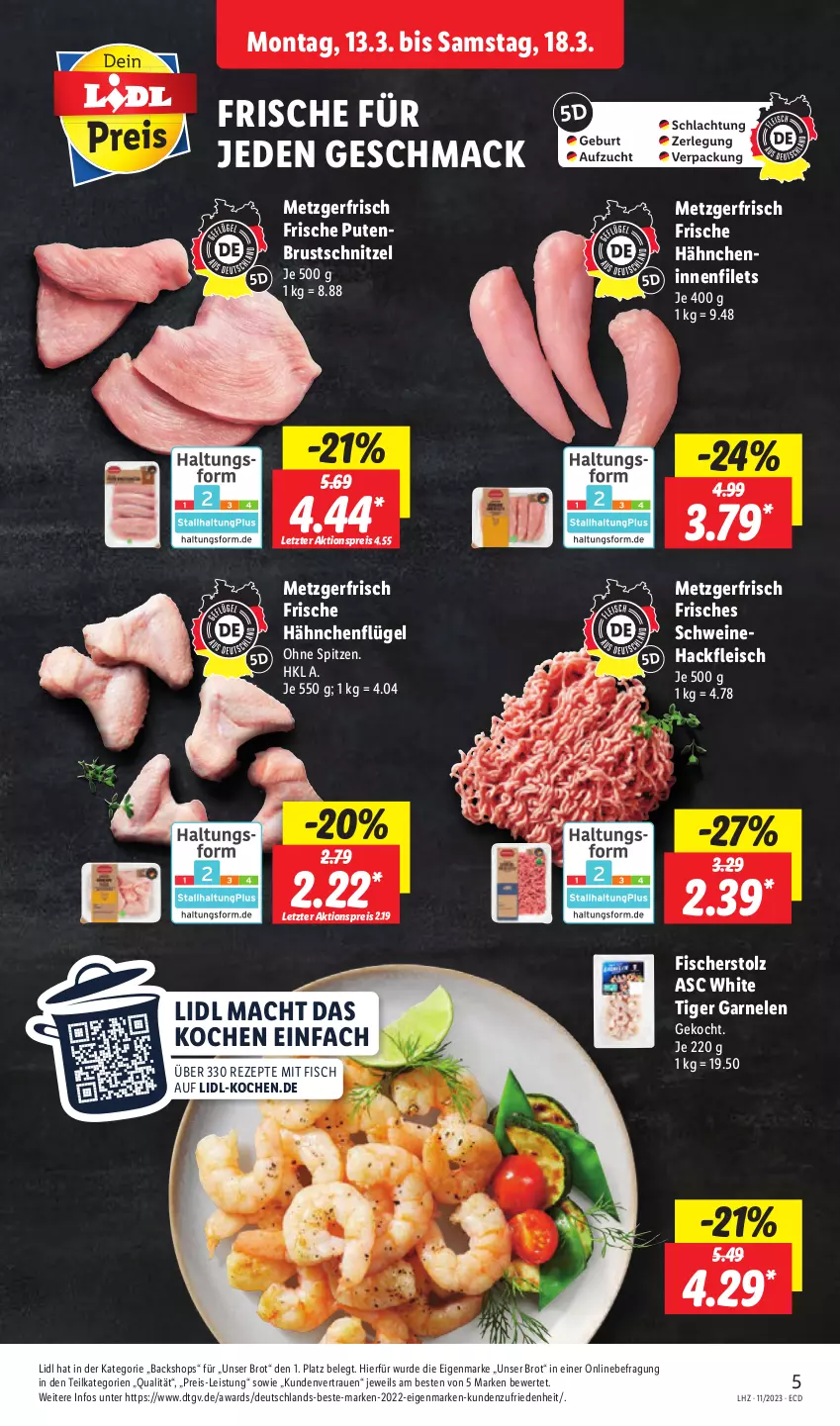 Aktueller Prospekt Lidl - Aktionsprospekt - von 13.03 bis 18.03.2023 - strona 5 - produkty: aktionspreis, brot, eis, filet, filets, fisch, fische, Fischer, fleisch, Frische Hähnchen, garnelen, hackfleisch, hähnchenflügel, mac, pute, putenbrust, reis, rezept, rezepte, schnitzel, schwein, schweine, Schweinehackfleisch, Ti, wein, weine, ZTE