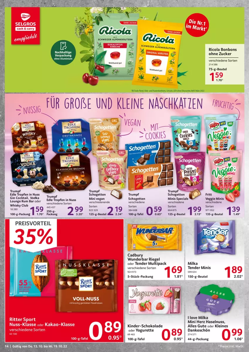 Aktueller Prospekt Selgros - Food - von 13.10 bis 19.10.2022 - strona 14 - produkty: beutel, bonbons, cocktail, cola, discount, eis, Elan, gin, haselnuss, Hustenbonbons, Kinder, kräuter, kräutern, leine, milka, nuss, oder yogurette, preisvorteil, reis, Ricola, riegel, rum, schogetten, schoko, schokolade, tender, Ti, veggie, vodka, whisky, Yo, yogurette, zucker