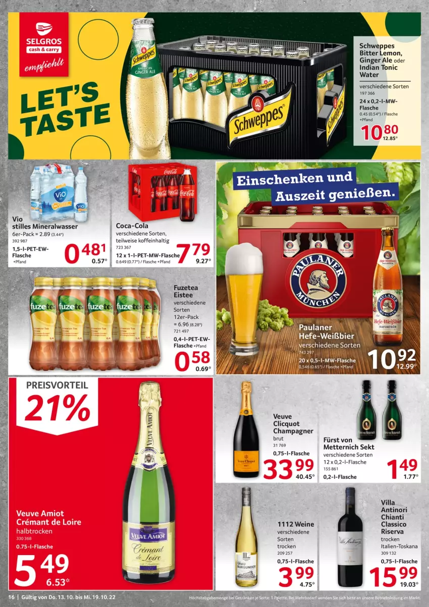 Aktueller Prospekt Selgros - Food - von 13.10 bis 19.10.2022 - strona 16 - produkty: Alwa, bier, bitter lemon, brut, burgunder, champagne, champagner, chia, chianti, classico, coca-cola, cola, eis, eistee, flasche, fuzetea, gin, ginger, ginger ale, Mett, metternich, mineralwasser, mw-flasche, natur, riserva, schweppes, sekt, tee, Ti, tonic, wasser, wein, weine