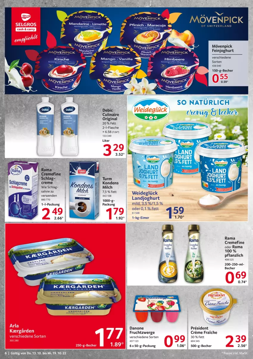 Aktueller Prospekt Selgros - Food - von 13.10 bis 19.10.2022 - strona 6 - produkty: Becher, beere, creme, danone, eimer, feinjoghurt, flasche, frucht, fruchtzwerge, himbeer, himbeere, joghur, joghurt, kirsch, kirsche, mandarine, maracuja, milch, mövenpick, rama, rwe, Ti, vanille