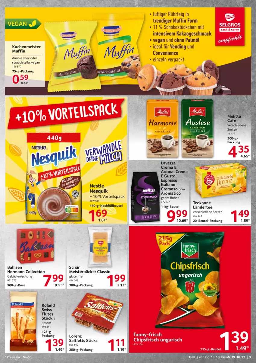 Aktueller Prospekt Selgros - Food - von 13.10 bis 19.10.2022 - strona 9 - produkty: ACC, bahlsen, beutel, bohne, chips, chipsfrisch, eis, gebäckmischung, kakao, kuchen, kuchenmeister, Ländertee, lorenz, mac, Meister, Muffin, nesquik, ohne palmöl, rum, saltletts, schoko, sesam, Stöckli, tee, teekanne, Ti