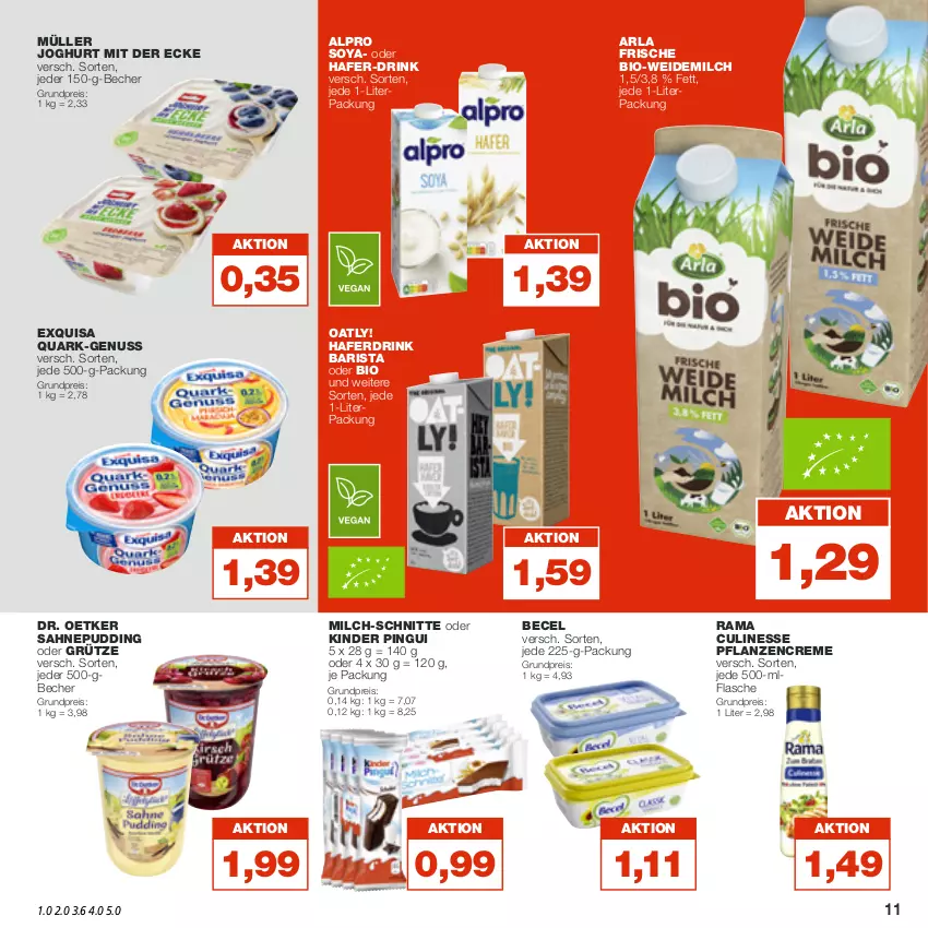 Aktueller Prospekt Real - von 14.11 bis 19.11.2022 - strona 11 - produkty: alpro, arla, becel, Becher, bio, creme, culinesse, Dr. Oetker, drink, eis, exquisa, flasche, grütze, hafer, Haferdrink, joghur, joghurt, joghurt mit der ecke, Kinder, kinder pingui, milch, milch-schnitte, Müller, nuss, pflanze, pflanzen, pflanzencreme, pingui, pudding, quark, rama, Rama Culinesse, reis, sahne, soya, Ti, weidemilch