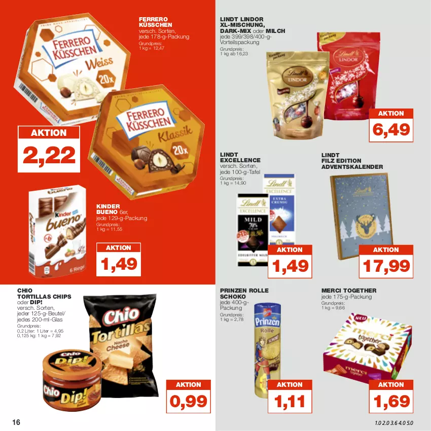 Aktueller Prospekt Real - von 14.11 bis 19.11.2022 - strona 16 - produkty: Adventskalender, beutel, chips, dip, eis, elle, ferrero, Ferrero Küsschen, Kinder, kinder bueno, lindor, lindt, merci, milch, prinzen rolle, reis, schoko, Ti, tortilla, tortillas