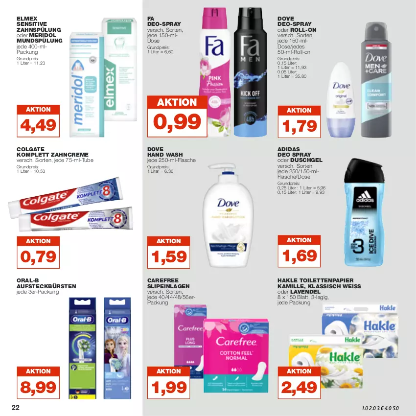 Aktueller Prospekt Real - von 14.11 bis 19.11.2022 - strona 22 - produkty: Adidas, aufsteckbürsten, bürste, bürsten, carefree, colgate, creme, deo, deo spray, dove, duschgel, eis, elmex, flasche, hakle, hakle toilettenpapier, Kamill, kamille, lavendel, LG, meridol, mundspülung, oral-b, papier, reis, roll-on, slip, slipeinlagen, spülung, Ti, toilettenpapier, zahncreme