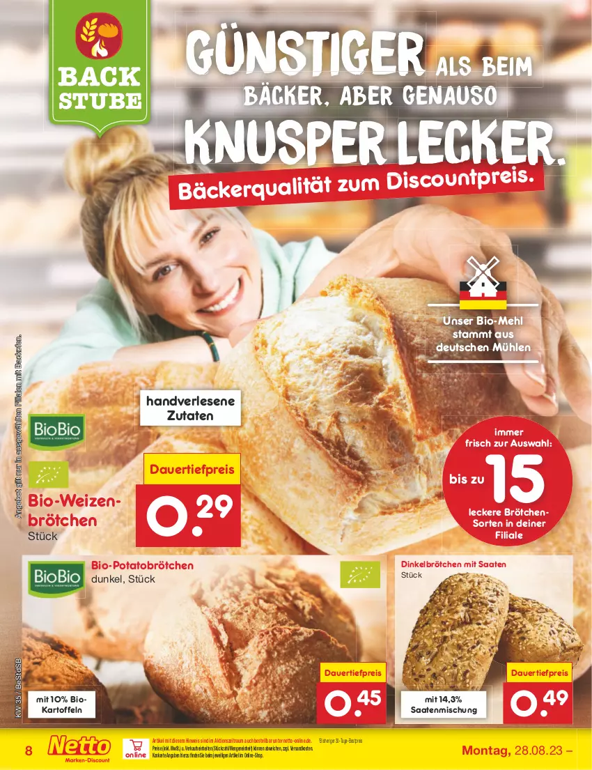 Aktueller Prospekt Netto Marken-Discount - Filial-Angebote - von 28.08 bis 02.09.2023 - strona 10 - produkty: angebot, auer, backofen, bestpreis, bio, brötchen, dauertiefpreis, dinkelbrötchen, discount, eis, kartoffel, kartoffeln, mehl, ndk, Ofen, reis, stube, Ti, tiefpreis, weizenbrötchen