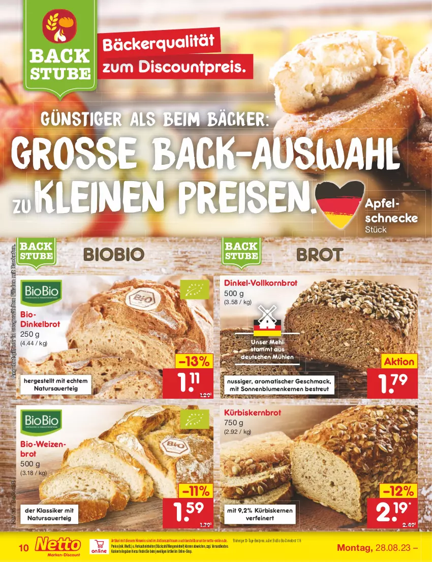 Aktueller Prospekt Netto Marken-Discount - Filial-Angebote - von 28.08 bis 02.09.2023 - strona 12 - produkty: angebot, apfel, auer, backofen, bestpreis, bio, biobio, blume, blumen, brot, Dinkelbrot, discount, eis, korn, Kornbrot, Kürbis, kürbiskerne, leine, mac, mehl, natur, ndk, nuss, Ofen, reis, sonnenblume, sonnenblumen, Sonnenblumenkerne, sonnenblumenkernen, stube, Ti, tisch, vollkornbrot, Weizenbrot