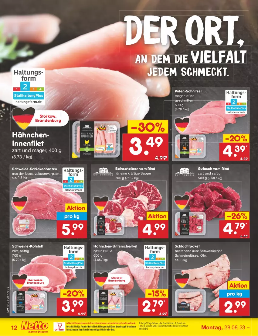 Aktueller Prospekt Netto Marken-Discount - Filial-Angebote - von 28.08 bis 02.09.2023 - strona 14 - produkty: bestpreis, braten, eis, filet, gulasch, henkel, kotelett, natur, ndk, nuss, pute, reis, rind, saft, schenkel, schinken, schinkenbraten, schnitten, schnitzel, schwein, schweine, Schweinekopf, suppe, Ti, wein, weine